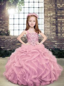 Lilac Lace Up Straps Beading and Ruffles Little Girl Pageant Gowns Tulle Sleeveless