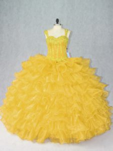 Gold Straps Lace Up Beading and Ruffles 15th Birthday Dress Sleeveless
