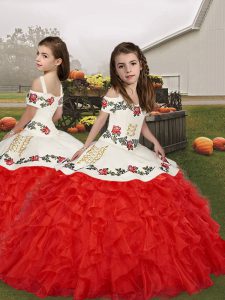 Straps Sleeveless Child Pageant Dress Floor Length Embroidery and Ruffles Red Organza