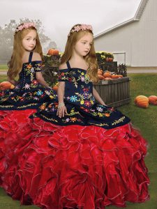 Straps Sleeveless Lace Up Little Girl Pageant Dress Red Organza