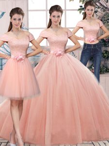 Sweet Pink Sweet 16 Dresses Military Ball and Sweet 16 and Quinceanera with Lace and Hand Made Flower Off The Shoulder Short Sleeves Lace Up
