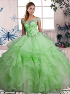 Green Ball Gowns Organza Off The Shoulder Sleeveless Beading and Ruffles Floor Length Lace Up Quinceanera Dress
