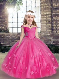 Straps Sleeveless Tulle Little Girl Pageant Gowns Beading and Hand Made Flower Lace Up