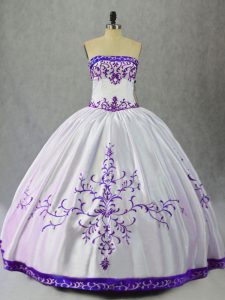 Floor Length White And Purple Vestidos de Quinceanera Satin Sleeveless Embroidery