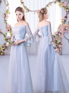 Grey Empire Off The Shoulder 3 4 Length Sleeve Tulle Floor Length Lace Up Lace Dama Dress