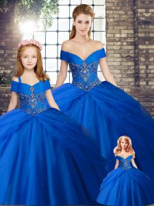 Beading and Pick Ups 15 Quinceanera Dress Royal Blue Lace Up Sleeveless Brush Train