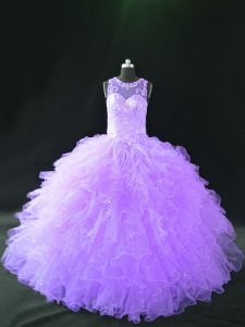 Lavender Scoop Lace Up Beading and Ruffles Vestidos de Quinceanera Sleeveless
