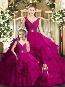 Noble Ball Gowns Quinceanera Dress Fuchsia V-neck Organza Sleeveless Floor Length Backless