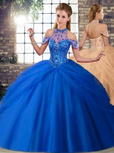 Chic Lace Up 15 Quinceanera Dress Blue for Military Ball and Sweet 16 and Quinceanera with Beading and Pick Ups Brush Train