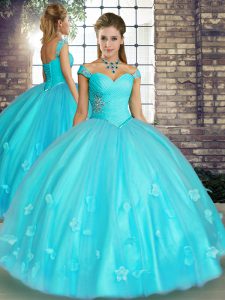 Dynamic Floor Length Aqua Blue Quinceanera Dress Off The Shoulder Sleeveless Lace Up