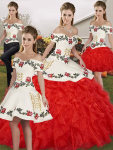 White And Red Off The Shoulder Lace Up Embroidery and Ruffles 15 Quinceanera Dress Sleeveless