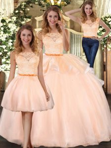 Shining Floor Length Three Pieces Sleeveless Peach 15 Quinceanera Dress Zipper