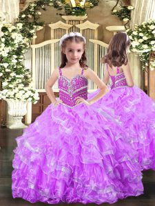 Sleeveless Floor Length Beading and Ruffles Lace Up Little Girls Pageant Gowns with Lilac