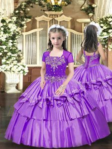 High End Lavender Sleeveless Taffeta Lace Up Little Girls Pageant Dress Wholesale for Party and Wedding Party