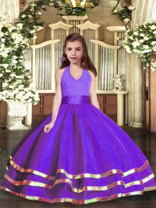 Charming Halter Top Sleeveless Little Girls Pageant Dress Floor Length Ruffled Layers Purple Organza