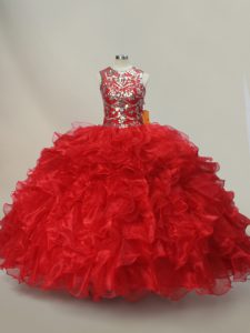 Luxury Scoop Sleeveless 15th Birthday Dress Floor Length Ruffles and Sequins Red Organza