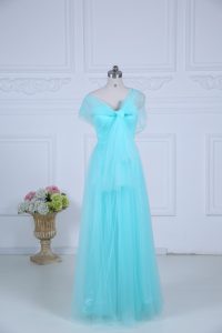 Aqua Blue Tulle Zipper Damas Dress Sleeveless Floor Length Ruching