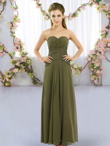 Olive Green Sleeveless Floor Length Ruching Lace Up Quinceanera Court of Honor Dress