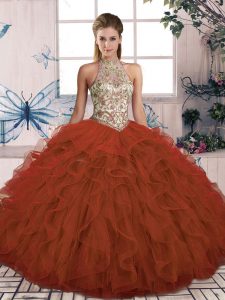 Top Selling Rust Red Sleeveless Floor Length Beading and Ruffles Lace Up Sweet 16 Dresses