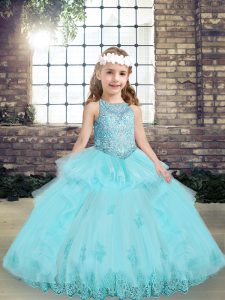 Sleeveless Tulle Floor Length Lace Up Pageant Gowns For Girls in Aqua Blue with Beading and Lace and Appliques
