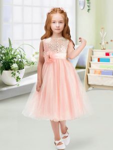 New Style Baby Pink Zipper Little Girl Pageant Dress Sequins and Hand Made Flower Sleeveless Tea Length