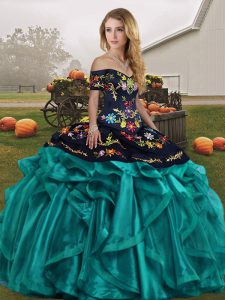 Organza Off The Shoulder Sleeveless Lace Up Embroidery and Ruffles Quinceanera Gowns in Teal