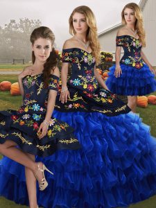 Glorious Sleeveless Floor Length Embroidery and Ruffled Layers Lace Up Quince Ball Gowns with Blue And Black