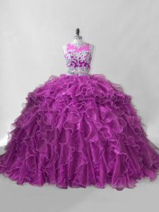 Modern Fuchsia Sweet 16 Quinceanera Dress Sweet 16 and Quinceanera with Beading and Ruffles Scoop Sleeveless Brush Train Zipper