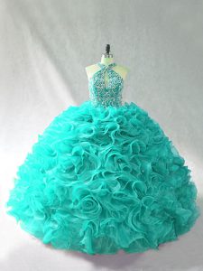 Chic Aqua Blue Sweet 16 Dress Sweet 16 and Quinceanera with Beading and Ruffles Halter Top Sleeveless Brush Train Lace Up