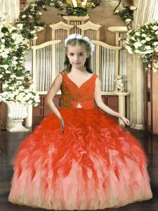 Rust Red Backless Kids Pageant Dress Beading and Ruffles Sleeveless Floor Length
