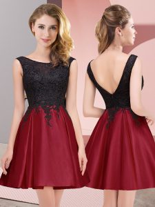Wine Red A-line Satin Scoop Sleeveless Lace Mini Length Zipper Damas Dress
