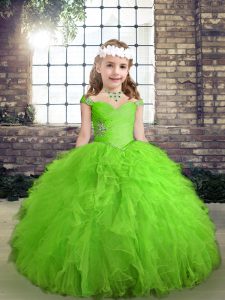 Popular Sleeveless Tulle Floor Length Lace Up Little Girls Pageant Gowns in with Beading and Ruffles