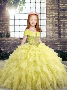 Fashion Yellow Sleeveless Floor Length Beading and Ruffles Lace Up Child Pageant Dress