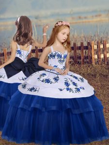 Trendy Straps Sleeveless Lace Up Little Girls Pageant Dress Blue Tulle