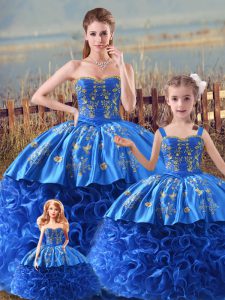 Royal Blue Ball Gowns Straps Sleeveless Satin and Fabric With Rolling Flowers Brush Train Zipper Embroidery and Ruffles 15th Birthday Dress