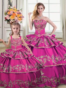 Romantic Satin and Organza Sweetheart Sleeveless Lace Up Ruffled Layers Sweet 16 Quinceanera Dress in Fuchsia