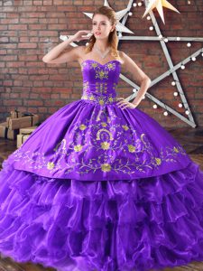 Purple Lace Up Sweetheart Embroidery Sweet 16 Dresses Satin and Organza Sleeveless