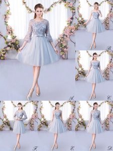 Unique Grey Scoop Lace Up Lace and Belt Dama Dress for Quinceanera 3 4 Length Sleeve