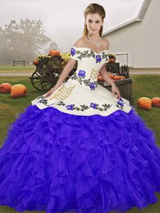 Floor Length Lace Up Ball Gown Prom Dress Blue for Military Ball and Sweet 16 and Quinceanera with Embroidery and Ruffles