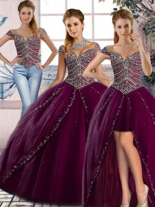 Purple Tulle Lace Up Sweetheart Cap Sleeves Quinceanera Dress Brush Train Beading