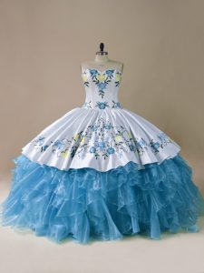 Colorful Blue Sleeveless Floor Length Embroidery and Ruffles Lace Up Sweet 16 Quinceanera Dress