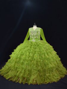 Most Popular Long Sleeves Organza Floor Length Lace Up Quince Ball Gowns in Olive Green with Ruffled Layers