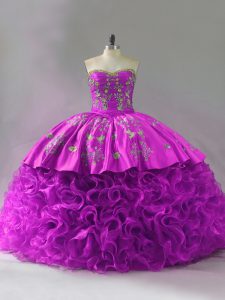 Fuchsia Ball Gowns Organza and Fabric With Rolling Flowers Sweetheart Sleeveless Beading and Embroidery and Ruffles Lace Up 15th Birthday Dress Brush Train