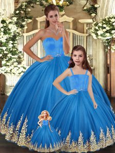 Lovely Blue Ball Gowns Sweetheart Sleeveless Tulle Floor Length Lace Up Embroidery Sweet 16 Dresses