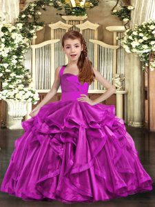 Popular Floor Length Lace Up Little Girls Pageant Gowns Fuchsia for Party and Wedding Party with Ruffles