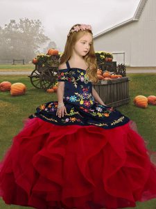 Beauteous Red Tulle Lace Up Little Girl Pageant Dress Sleeveless Floor Length Embroidery and Ruffles