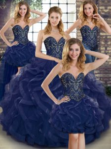 Flare Floor Length Navy Blue Quinceanera Dresses Tulle Sleeveless Beading and Ruffles