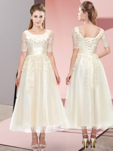 Beading and Lace Quinceanera Court of Honor Dress Champagne Lace Up Short Sleeves Tea Length