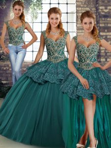 Elegant Sleeveless Floor Length Beading and Appliques Lace Up 15th Birthday Dress with Green