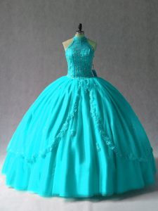 Floor Length Lace Up Quinceanera Dresses Aqua Blue for Sweet 16 and Quinceanera with Appliques